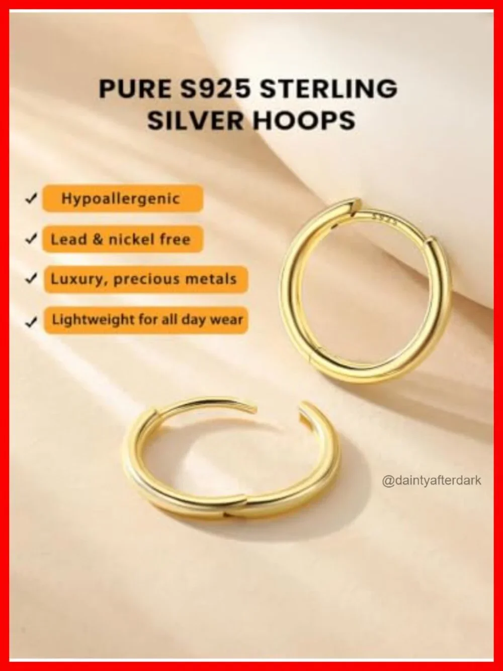 14k Gold Plated Sterling Silver Hoop Earrings for Women Hypoallergenic Huggie